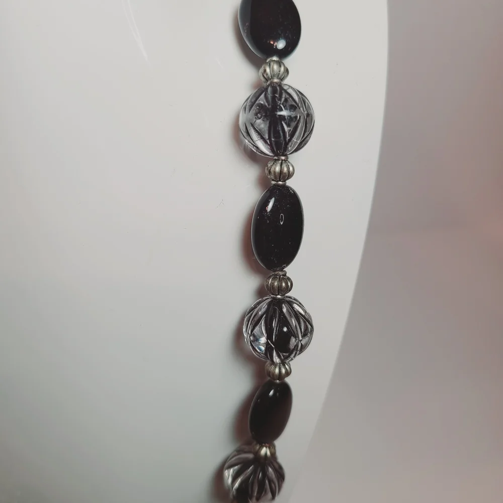 Black & Clear Beaded Statement Necklace with Large Faceted Pendant – 20